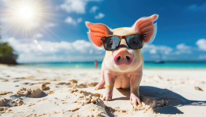 Wall Mural - Cute piglet wearing sunglasses enjoying the sun on a tropical beach, with a blue sky and white sand background, sunlight reflection