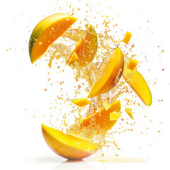 Poster - Floating burst of mango in the air, on white background