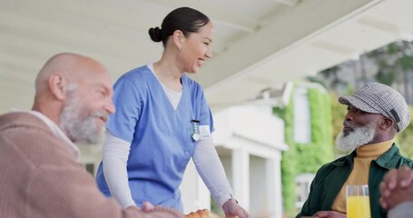 Poster - Woman, nurse and breakfast in elderly care for meal, snack or beverage at retirement home. Female person, doctor or medical caregiver serving food to senior group on table in nursing at old age house