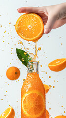 Canvas Print - Orange slice from top and juice failing in bottle, floating orange slice and orange with green leaf