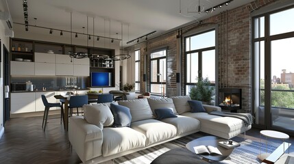 Wall Mural - Modern Kitchen and Living Room Design Featuring Two Large Windows, Cozy Sofa Separating the Sitting Area and Dining Room, Bio-Fireplace Near the TV, with Beige Tones and Blue Accents