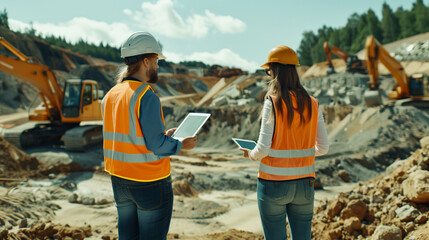 Wall Mural - Civil engineer with tablet and female inspector discussing real estate development