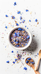 Poster - Dried cornflower petal and bud scattered on white background, bowl filled with cornflower seeds