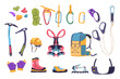 © ssstocker - Climbing gear equipment. Mountaineering tool climber stuff elements for mountain rock climb safety rope knot harness carbines helmet ice ax extreme sport classy vector illustration