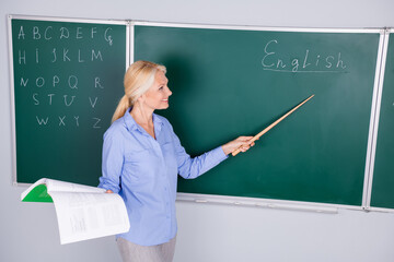 Sticker - Photo of lovely charming clever mature woman school lecturer teaching children in classroom