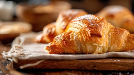 Freshly baked croissant resting on linen, showcasing flaky layers and golden-brown crust, perfect for breakfast or pastry lovers.