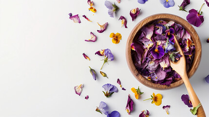 Sticker - Dried pansy petals scattered on white background, wooden spoon with bowl filled with buds