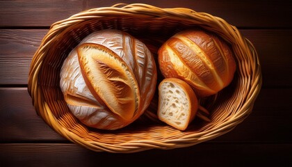 Wall Mural - Fresh baked mixed bread on brown wooden table, view from above, top view