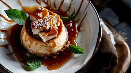 A delectable caramel dessert topped with cream and mint, beautifully presented in an elegant dish.