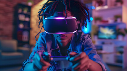 Wall Mural - a gamer fully immersed in virtual reality, sitting on couch playing video game on console.