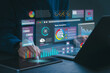 © Antony Weerut - Data analytics automated with AI technology. Businessman use laptop and dashboard for Automating Data Management Analytics and Business Reports with KPIs. AI chat bot chatting with customer.