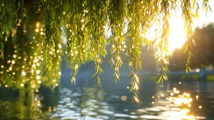 Canvas Print - Sunlit Willow Branches Over Water