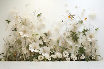 Serene white flower display with subtle greenery and gentle butterflies, conveying peace and purity