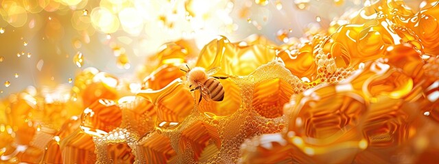 Wall Mural - honey comb on table and bee. Selective focus