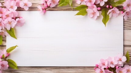 Wall Mural - Spring cherry blossom background with wooden board