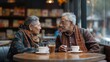© IMG visuals AI - Indian elderly couple engages in heartfelt conversation over coffee in cafe image. Interior filled with books plants photography scene. Warm and cozy leisure concept photorealistic photo