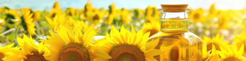 Wall Mural - oil in a glass jar on a background of sunflowers. Selective focus