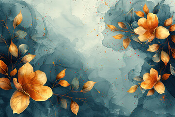 Sticker - Elegant floral composition with orange flowers and blue leaves on a textured, blue gray background with copy space.