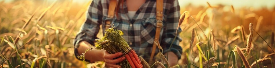 Sticker - a female farmer holds a carrot in her hands. Selective focus