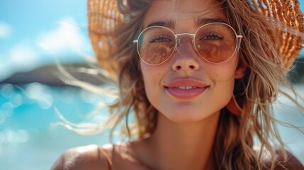 A woman with a stylish hat and sunglasses, basking in the sunny weather on a beach, filled with blue skies and ocean waves, capturing the essence of summer escapades.