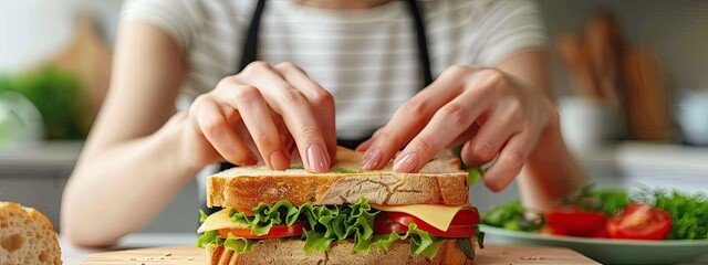 Wall Mural - a woman is preparing a sandwich in the kitchen. Selective focus