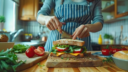 Wall Mural - a woman is preparing a sandwich in the kitchen. Selective focus