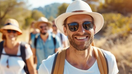 A group of people are hiking outdoors, led by a smiling man wearing a sun hat and sunglasses. The background depicts a scenic, sunny hiking trail.