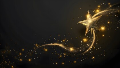 Stars with glowing golden sparkles, vector light effects on black background. Bright shining glitter sparks of gold stars with waves of sparkling dust trail, Christmas, magic or space themes 