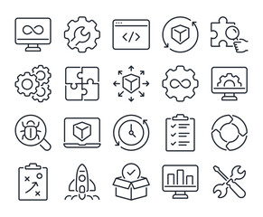 Wall Mural - devops development and operations concept editable stroke outline icons set isolated on white backgr