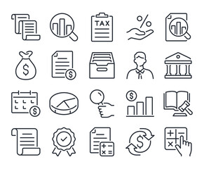 Accounting, audit, financial report editable stroke outline icons set isolated on white background flat vector illustration. Pixel perfect. 64 x 64.