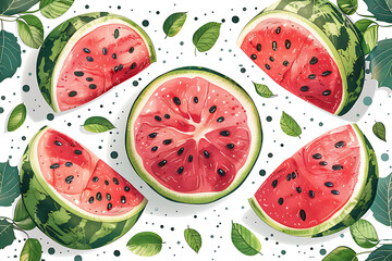 Wall Mural - Watermelon pattern. Fresh sliced fruits illustrations for textile design projects recent vector seamless background