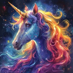 Wall Mural - Cute pink unicorn, rainbow watercolor