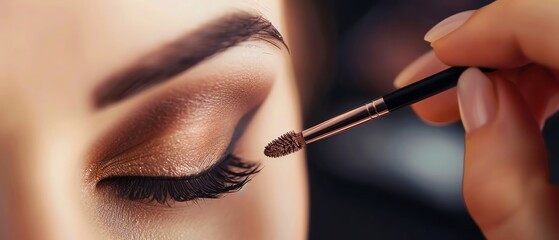 close-up of a makeup artist applying eyeshadow to a model's eyelids, enhancing her beauty with preci