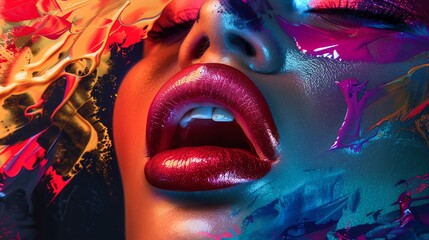 Colorful artistic portrait featuring a close-up of a woman's face with bold makeup and expressive paint strokes, evoking emotion and creativity.