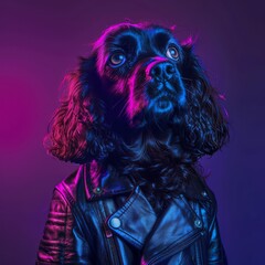 Wall Mural - angry cocker spaniel with scars on his face in black leather coat like a gangster