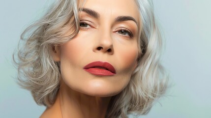 Portrait of an elegant woman with gray hair and red lipstick. Close-up shot highlighting mature beauty and confidence, isolated on light background.