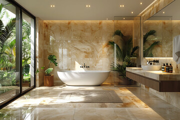 Wall Mural - A luxurious bathroom interior with a white freestanding bathtub, beige marble tiles, potted plants, and a large mirror.