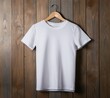 © Zag - blank white t-shirt mockup on wood floor with hanger