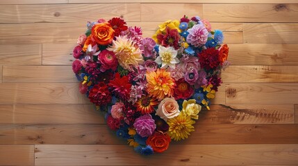 Poster - Mixed flowers arranged in a heart shape on a warm wooden floor, creating a romantic scene