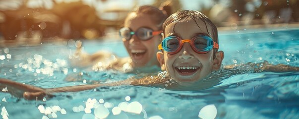 Two joyful children swimming together in a pool, enjoying a sunny day filled with laughter and fun.