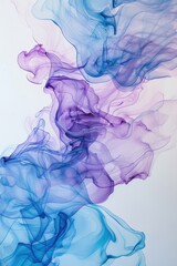 Wall Mural - Alcohol ink painting of transparent flowing chiffon clouds on a white background with blue and purple smoke 