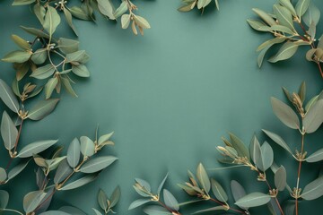 Green Pastel Frame with Ruscus Branches and Leaf Design, Creative Concept