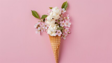 Poster - Minimalistic summer concept Ice cream cone adorned with white flowers and leaves on a soft pink backdrop for a creative flat lay design with a spring theme Ideal for posters and greeting car