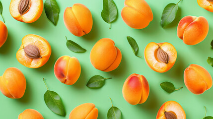 Apricot pattern. Trendy summer background. Ripe fresh apricots on a green background. Top view, flat lay. Ideal for summer sales, advertising, wrapping paper, posters, greeting cards, and cover backgr