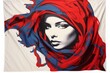 © juliars - Artistic representation of a woman with red silk scarf merging into liquid art