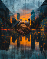 Wall Mural - Handshake between businessmen with corporate skyscrapers and sunset in the background, double exposure, representing deal and cooperation.