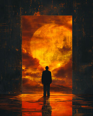 Wall Mural - Illustration of a businessman in silhouette, standing at the door of opportunity, with background scenes from the Bible.