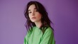 © bvbflo1 - Photo portrait of lovely teen lady look empty space dressed stylish green garment isolated on purple color background
