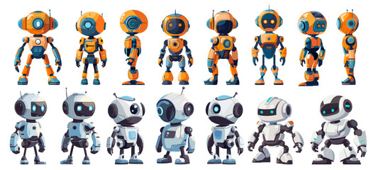 cute robot cartoon set. character from different sides, vector illustration