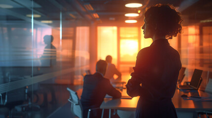 a businesswoman presenting to a small group in a sleek, contemporary office with soft, ambient light